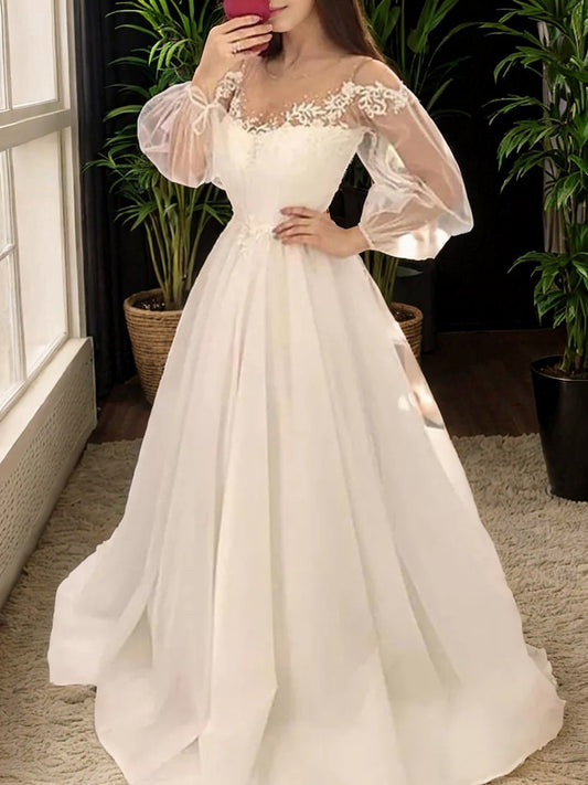 A-Line/Princess Tulle Applique Scoop Long Sleeves Sweep/Brush Train Wedding Dresses Bridal Gowns
