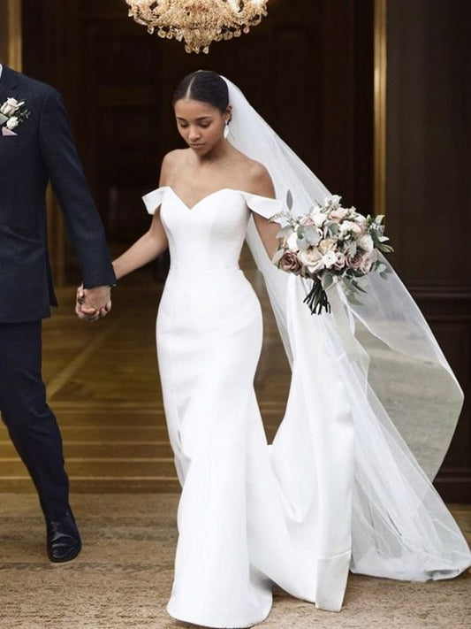 Sheath/Column Satin Ruched Off-the-Shoulder Sleeveless Sweep/Brush Train Wedding Dresses Bridal Gowns