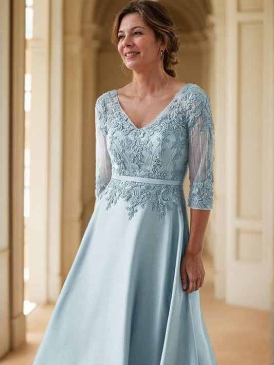 A-Line/Princess Satin Applique V-neck 3/4 Sleeves Floor-Length Mother of the Bride Dresses