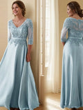 A-Line/Princess Satin Applique V-neck 3/4 Sleeves Floor-Length Mother of the Bride Dresses