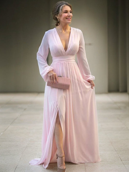 A-Line/Princess Chiffon Ruffles V-neck Long Sleeves Sweep/Brush Train Mother of the Bride Dresses