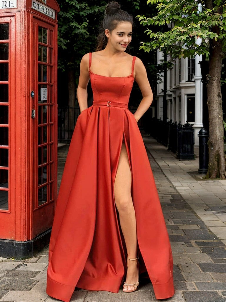 A-Line/Princess Satin Ruffles Spaghetti Straps Sleeveless Floor-Length Dresses Prom Evening Dress