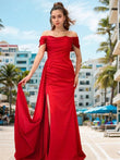 Sheath/Column Satin Ruched Off-the-Shoulder Sleeveless Sweep/Brush Train Dresses Prom Evening Dress