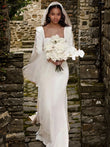Sheath/Column Stretch Crepe Ruched Square Long Sleeves Sweep/Brush Train Wedding Dresses Bridal Gowns