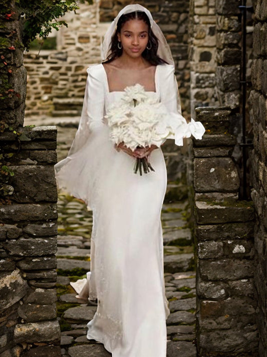 Sheath/Column Stretch Crepe Ruched Square Long Sleeves Sweep/Brush Train Wedding Dresses Bridal Gowns