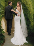 Sheath/Column Satin Applique Off-the-Shoulder Sleeveless Sweep/Brush Train Wedding Dresses Bridal Gowns