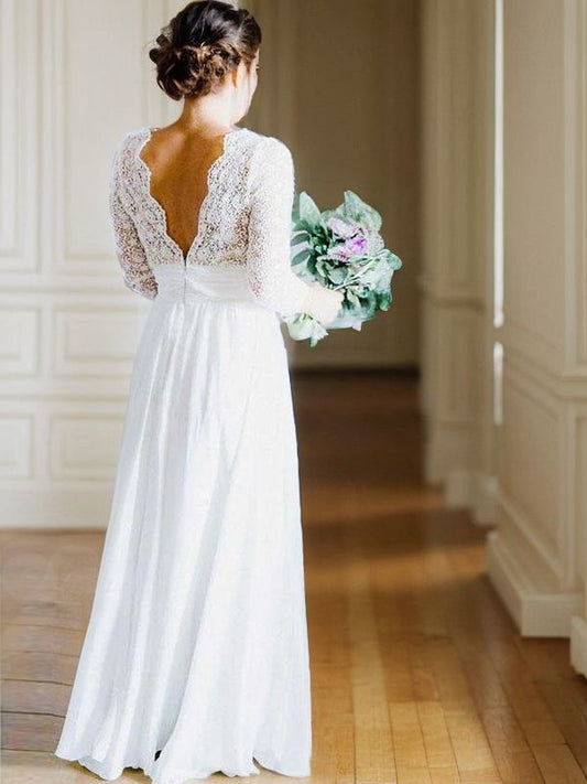 A-Line/Princess Chiffon Lace V-neck Long Sleeves Floor-Length Wedding Dresses Bridal Gowns