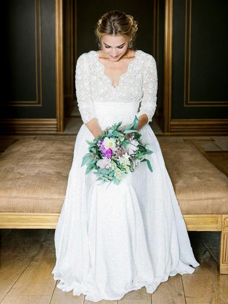 A-Line/Princess Chiffon Lace V-neck Long Sleeves Floor-Length Wedding Dresses Bridal Gowns