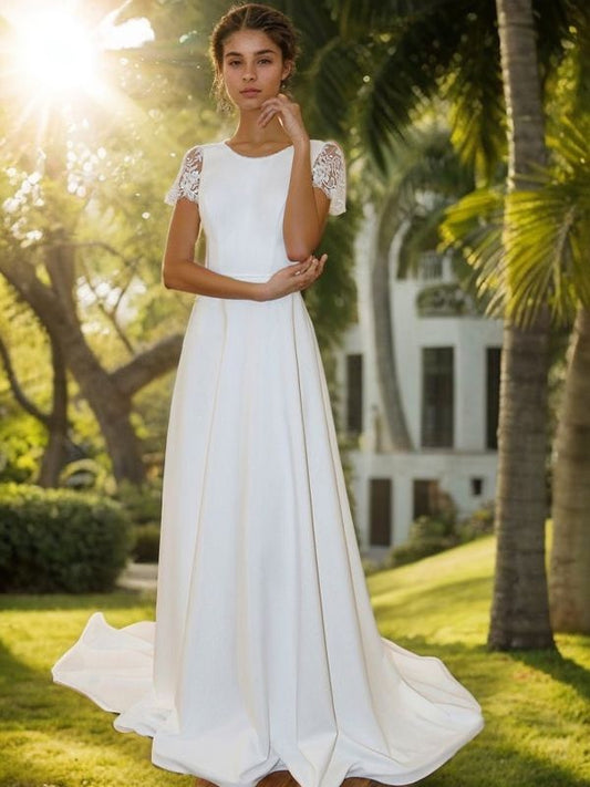 A-Line/Princess Stretch Crepe Lace Scoop Short Sleeves Sweep/Brush Train Wedding Dresses Bridal Gowns