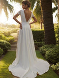 A-Line/Princess Stretch Crepe Lace Scoop Short Sleeves Sweep/Brush Train Wedding Dresses Bridal Gowns