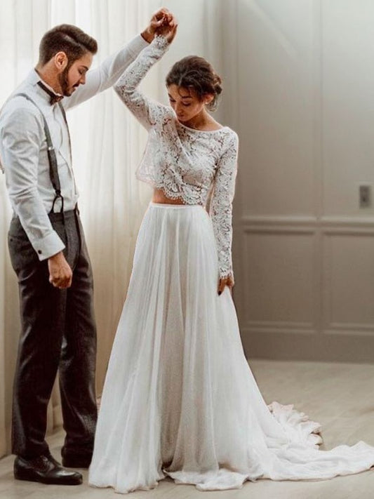 Vestido de novia de dos piezas, corte A/Princesa, de gasa 30D, con encaje, escote redondo, mangas largas y cola larga.