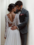 Vestido de novia de dos piezas, corte A/Princesa, de gasa 30D, con encaje, escote redondo, mangas largas y cola larga.