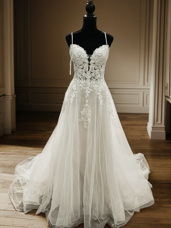 A-Line/Princess Tulle Applique V-neck Sleeveless Sweep/Brush Train Wedding Dresses Bridal Gowns