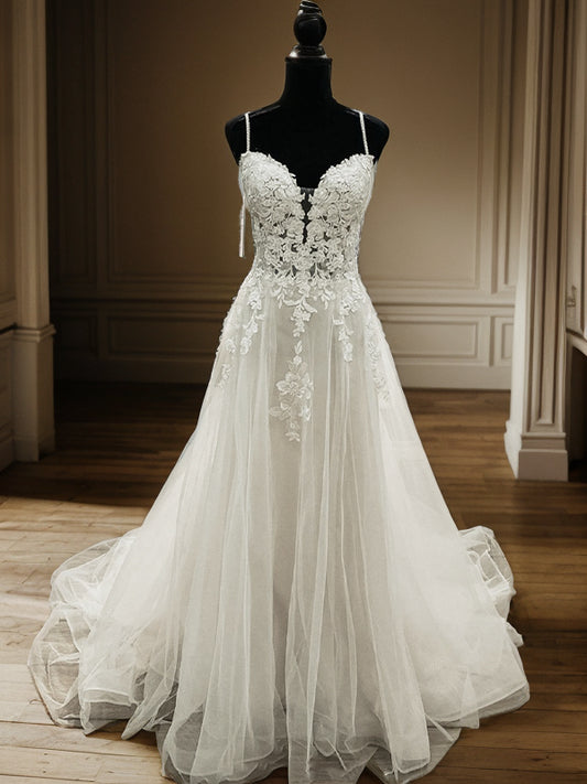 A-Line/Princess Tulle Applique V-neck Sleeveless Sweep/Brush Train Wedding Dresses Bridal Gowns