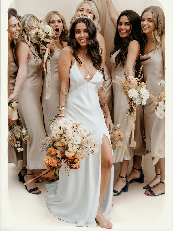 Sheath/Column Silk like Satin Ruched V-neck Sleeveless Sweep/Brush Train Wedding Dresses Bridal Gowns