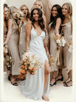Sheath/Column Silk like Satin Ruched V-neck Sleeveless Sweep/Brush Train Wedding Dresses Bridal Gowns