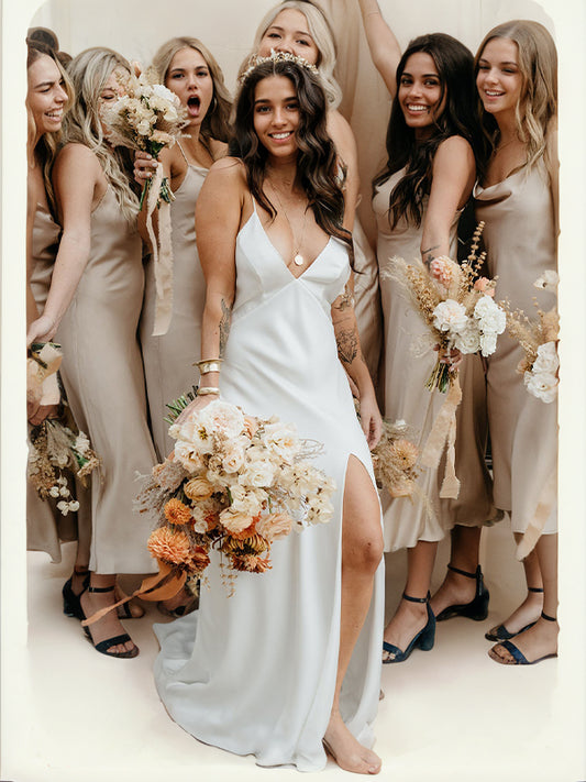 Sheath/Column Silk like Satin Ruched V-neck Sleeveless Sweep/Brush Train Wedding Dresses Bridal Gowns
