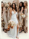 Sheath/Column Silk like Satin Ruched V-neck Sleeveless Sweep/Brush Train Wedding Dresses Bridal Gowns