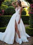 A-Line/Princess Satin Ruffles V-neck Sleeveless Sweep/Brush Train Wedding Dresses Bridal Gowns