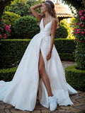 A-Line/Princess Satin Ruffles V-neck Sleeveless Sweep/Brush Train Wedding Dresses Bridal Gowns