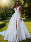 A-Line/Princess Satin Ruffles V-neck Sleeveless Sweep/Brush Train Wedding Dresses Bridal Gowns