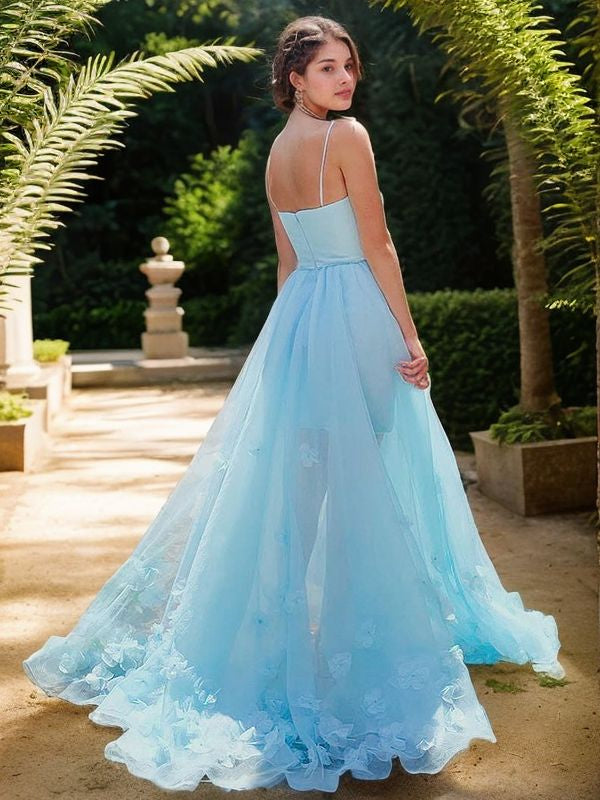 A-Line/Princess Organza Hand-Made Flower Spaghetti Straps Sleeveless Sweep/Brush Train Dresses Prom Dress Ball Gowns