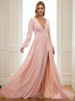 A-Line/Princess Chiffon Ruffles V-neck Long Sleeves Sweep/Brush Train Mother of the Bride Dresses
