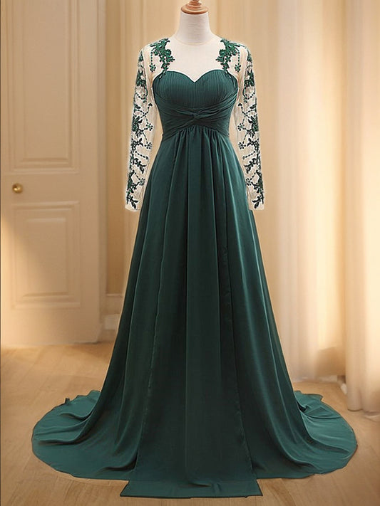 A-Line/Princess Chiffon Applique Sweetheart Long Sleeves Sweep/Brush Train Mother of the Bride Dresses
