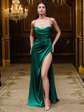 Sheath/Column Silk like Satin Ruched Spaghetti Straps Sleeveless Sweep/Brush Train Dresses Prom Evening Dress