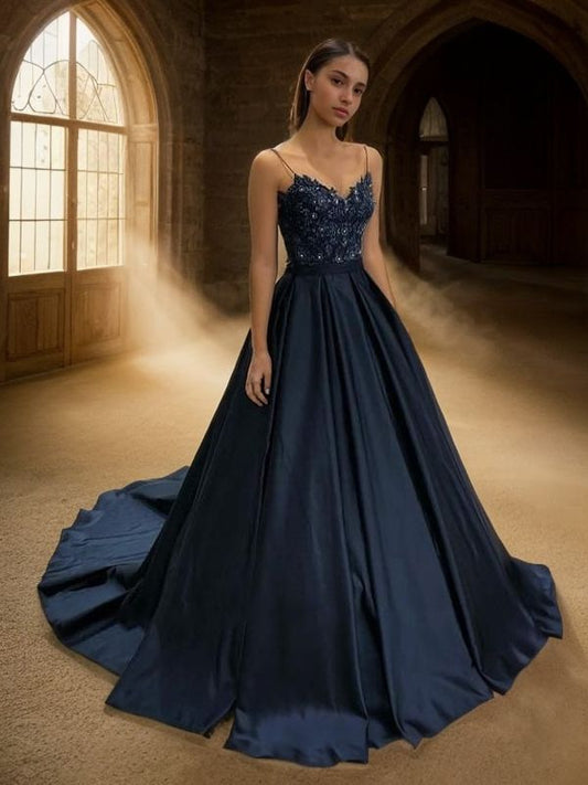 A-Linie/Princess-Linie Satin Applikationen V-Ausschnitt Ärmellos Sweep/Pinsel zug Kleider Abiballkleid Ballkleid