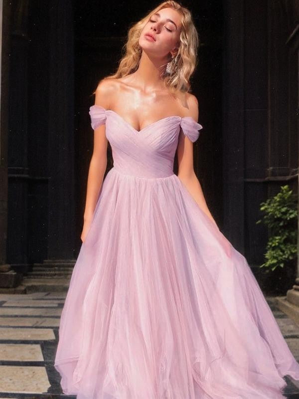 A-Line/Princess Tulle Ruched Off-the-Shoulder Sleeveless Sweep/Brush Train Dresses Prom Evening Dress