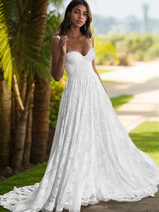 A-Line/Princess Lace Straps Sleeveless Sweep/Brush Train Wedding Dresses Bridal Gowns
