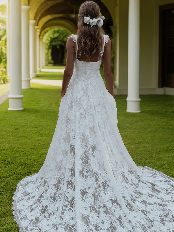 A-Line/Princess Lace Straps Sleeveless Sweep/Brush Train Wedding Dresses Bridal Gowns