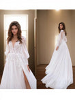 A-Line/Princess Lace Applique V-neck Long Sleeves Sweep/Brush Train Wedding Dresses Bridal Gowns