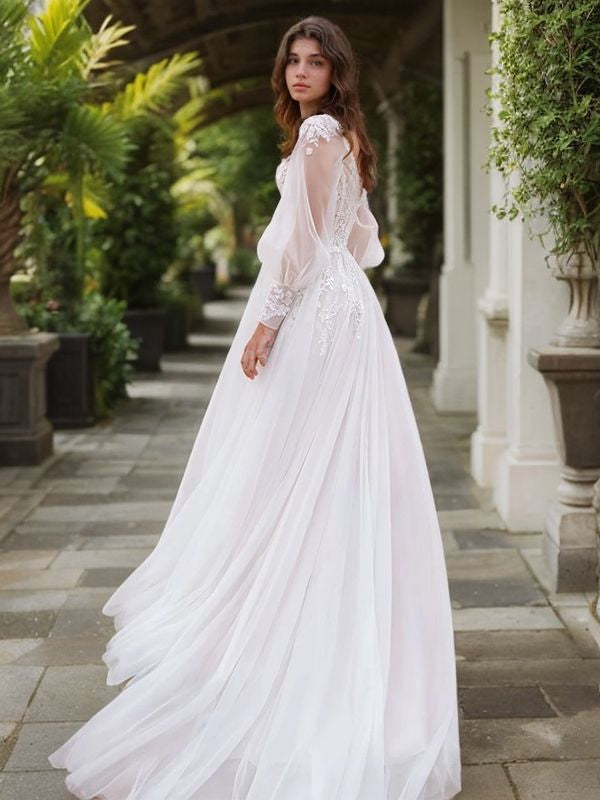 A-Line/Princess Lace Applique V-neck Long Sleeves Sweep/Brush Train Wedding Dresses Bridal Gowns