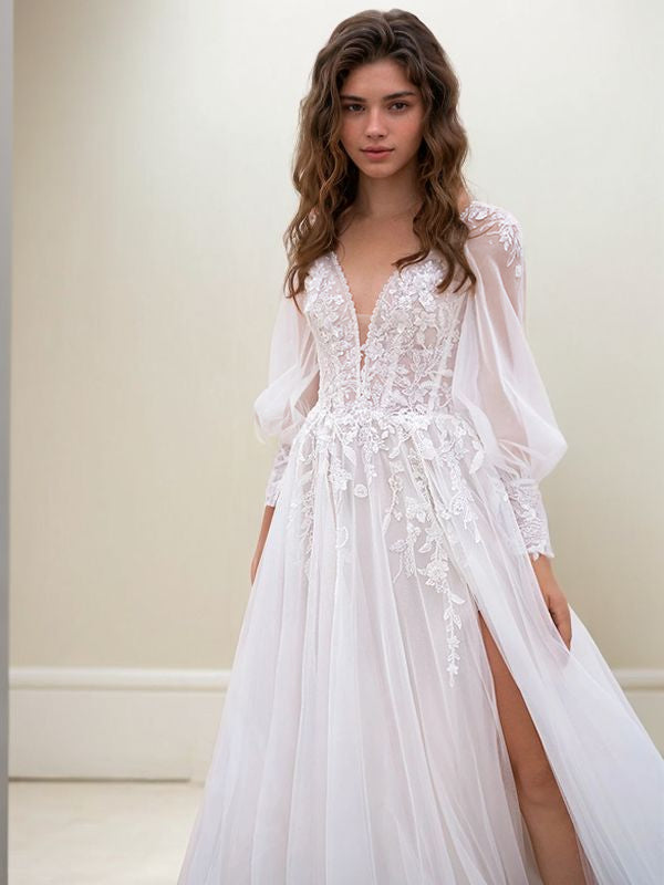 A-Line/Princess Lace Applique V-neck Long Sleeves Sweep/Brush Train Wedding Dresses Bridal Gowns
