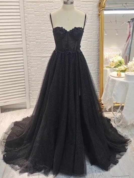 Vestido de fiesta de corte A/princesa con volantes, tirantes finos, sin mangas y cola larga