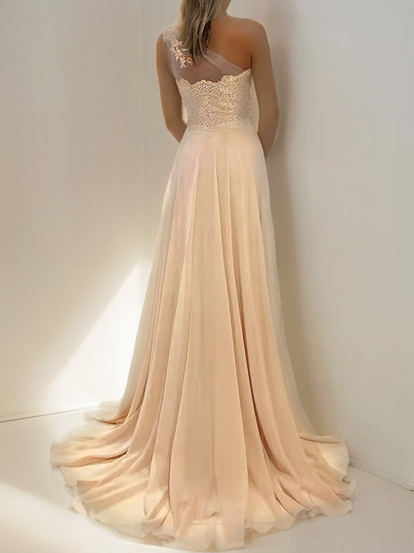 Vestido de noche de fiesta de graduación de corte A/princesa de gasa con encaje, un hombro sin mangas y cola larga