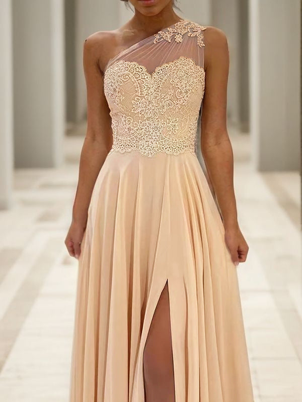 Vestido de noche de fiesta de graduación de corte A/princesa de gasa con encaje, un hombro sin mangas y cola larga