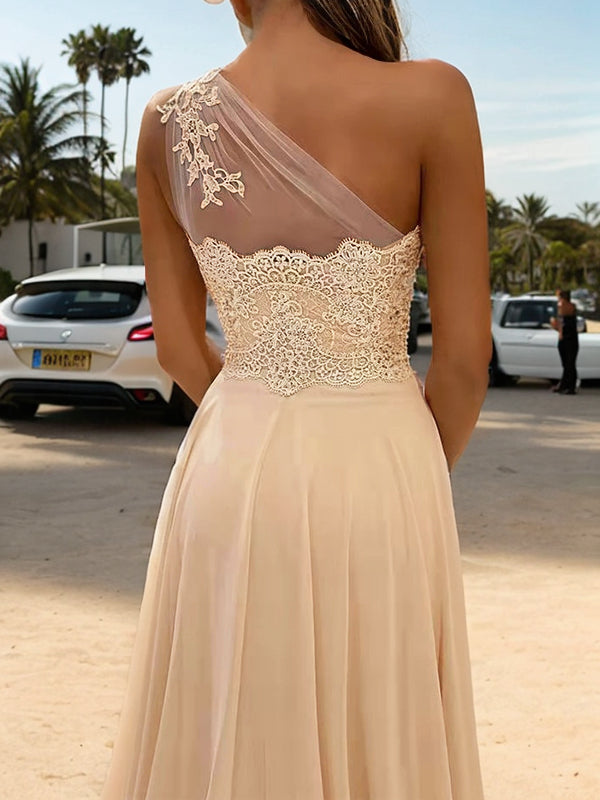 Vestido de noche de fiesta de graduación de corte A/princesa de gasa con encaje, un hombro sin mangas y cola larga