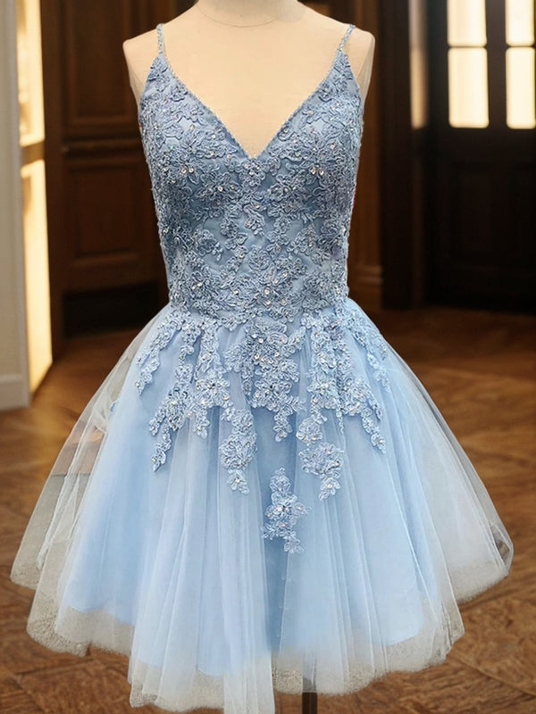 Vestido de fiesta de graduación, corte A/princesa, tul, apliques, escote en V, sin mangas, corto/mini