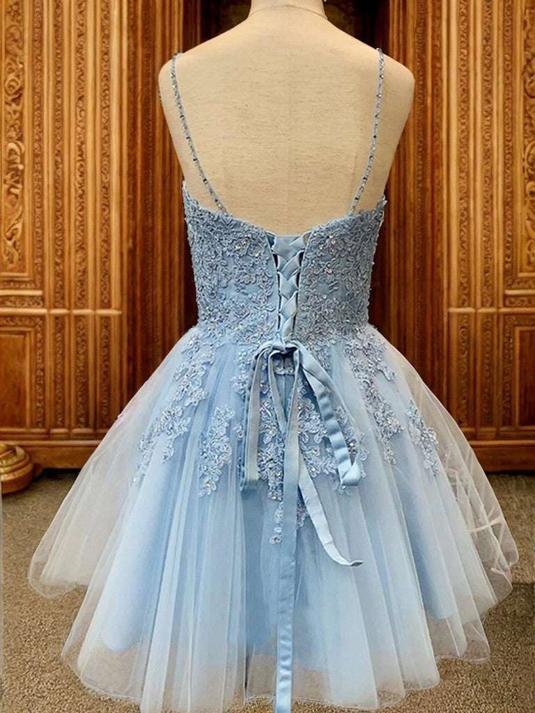Vestido de fiesta de graduación, corte A/princesa, tul, apliques, escote en V, sin mangas, corto/mini