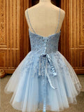 Vestido de fiesta de graduación, corte A/princesa, tul, apliques, escote en V, sin mangas, corto/mini