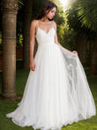 A-Line/Princess Tulle Lace V-neck Sleeveless Sweep/Brush Train Wedding Dresses Bridal Gowns