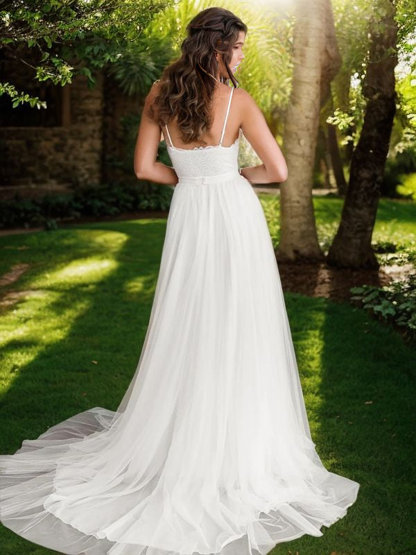 A-Line/Princess Tulle Lace V-neck Sleeveless Sweep/Brush Train Wedding Dresses Bridal Gowns