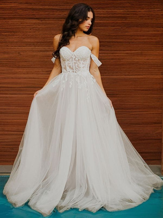 A-Line/Princess Tulle Applique Off-the-Shoulder Sleeveless Sweep/Brush Train Wedding Dresses Bridal Gowns
