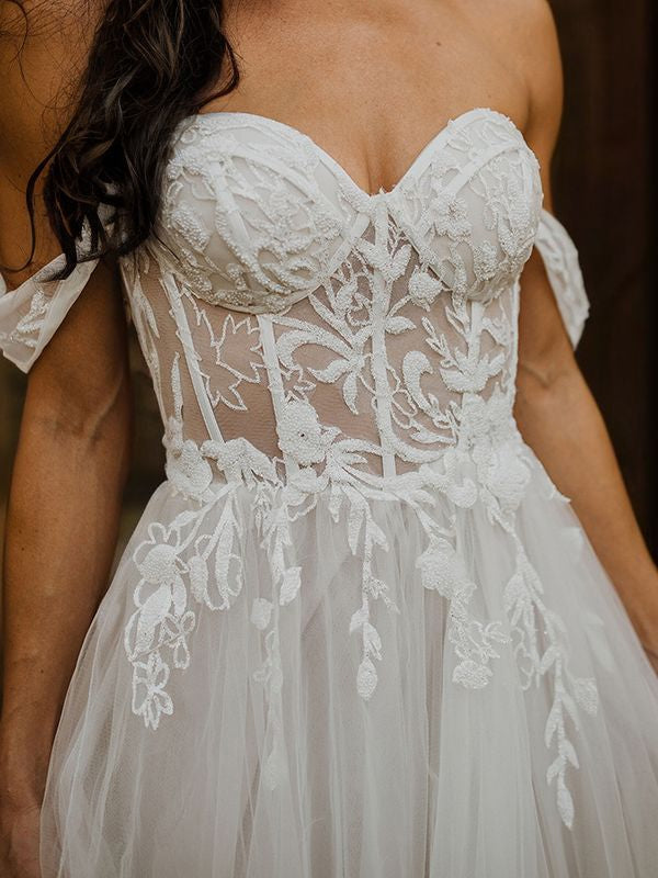 A-Line/Princess Tulle Applique Off-the-Shoulder Sleeveless Sweep/Brush Train Wedding Dresses Bridal Gowns