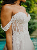 A-Line/Princess Tulle Applique Off-the-Shoulder Sleeveless Sweep/Brush Train Wedding Dresses Bridal Gowns
