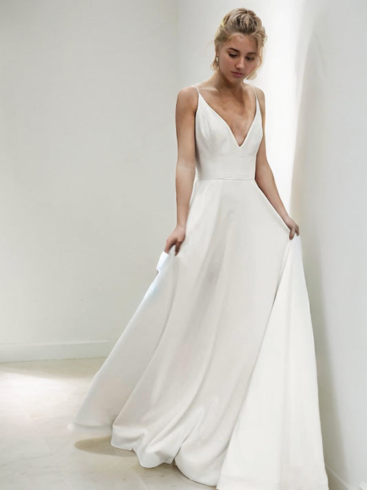 A-Line/Princess Charmeuse V-neck Sleeveless Sweep/Brush Train Wedding Dresses Bridal Gowns