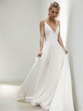 A-Line/Princess Charmeuse V-neck Sleeveless Sweep/Brush Train Wedding Dresses Bridal Gowns